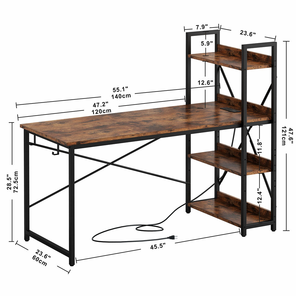 Computer Desk 55" with Power Outlet and Storage Shelves, Rustic Brown