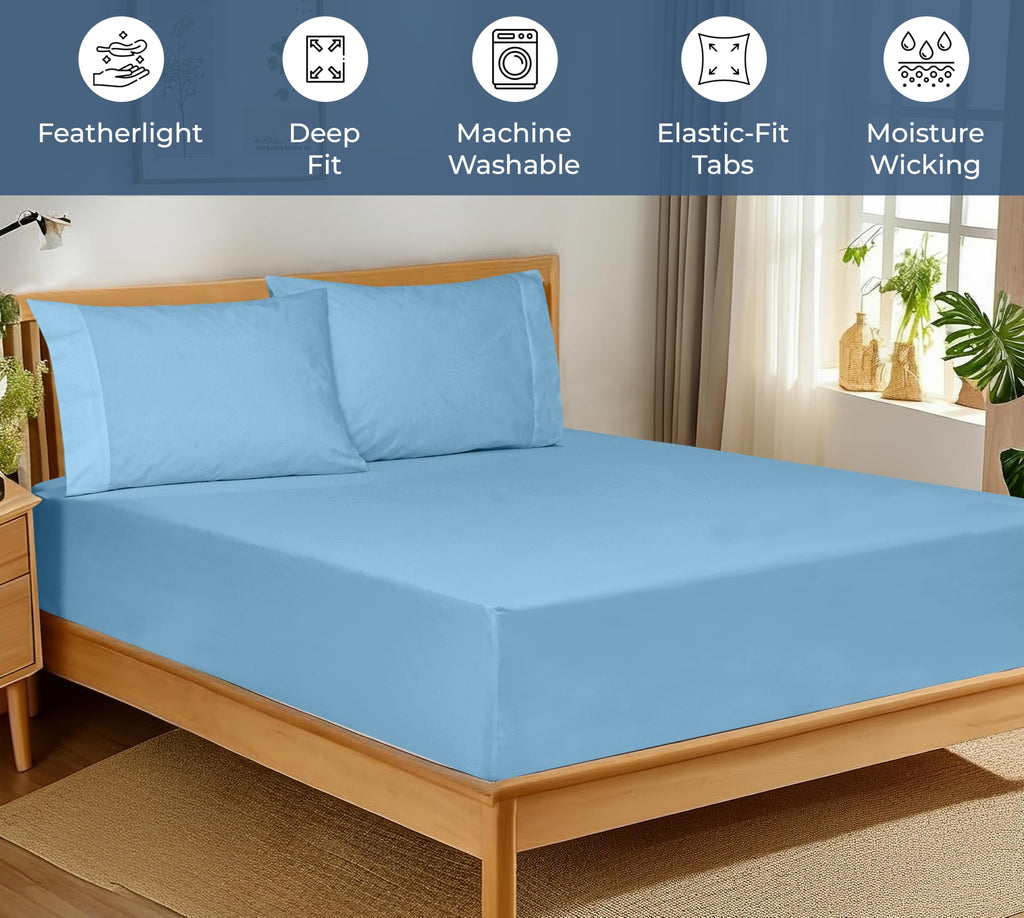 100% Organic Cotton Fitted Sheet - Percale Weave - Super Soft Deep Pocket Bottom Sheets - Lake Blue Elastic Sheet