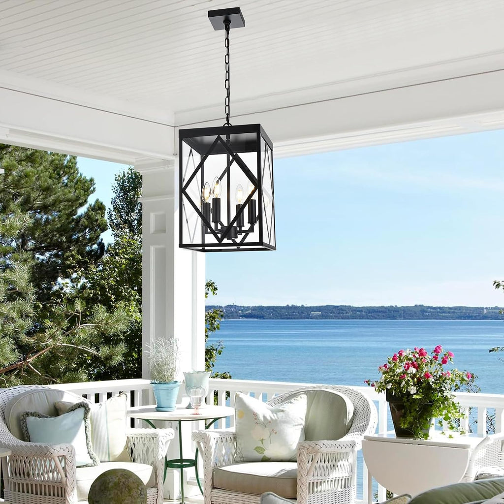 Outdoor Pendant Light 4 Lights Modern Outside Chandelier Outdoor Hanging Lantern Light with Clear Glass