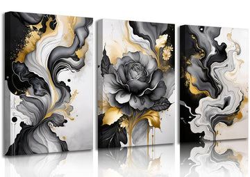 3pcs Black Grey And Gold Marble Wall Art Canvas Wrapping 12x16in