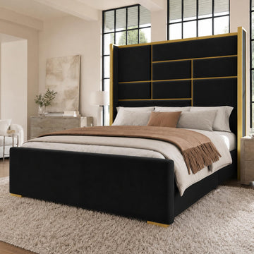 Queen Bed Frame with Headboard, 66.93" Tall Bed, Black and Gold