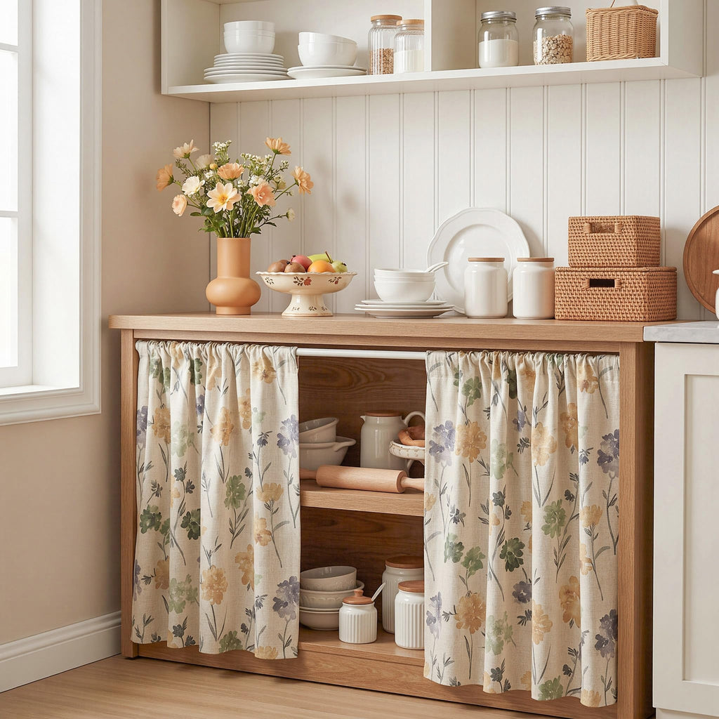 Floral Linen Kitchen Tier Cafe Curtains 24 Inch Length 2 Panels Farmhouse Semi Sheer Privacy Small Window Treatments