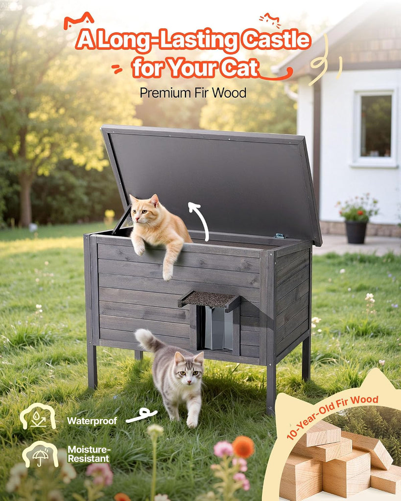 Heated Outdoor Cat House, Insulated Wooden Cat House for Cats, Waterproof Feral Kitty Shelter with Heating Pad, PVC