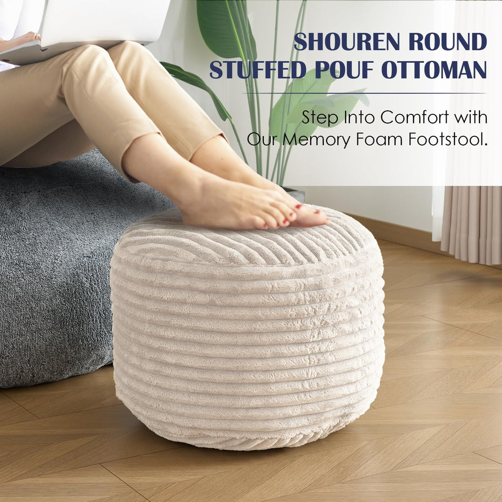 Stuffed Round Ottoman, Pouf Ottoman Foot Rest, 18 X 14, Beige