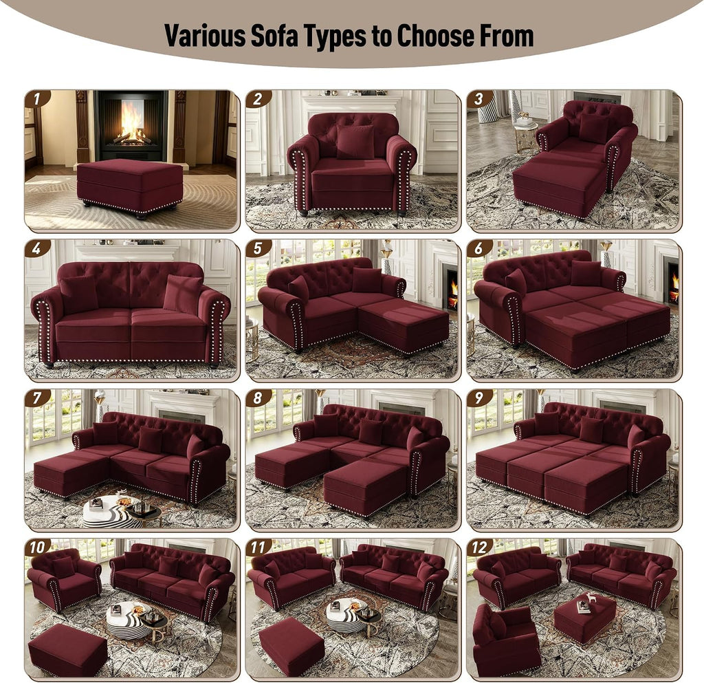63" Velvet Chesterfield Sofa Couch with Rolled Arms & Nailhead Trim, 2-Seater Modern Upholstered Button Tufted