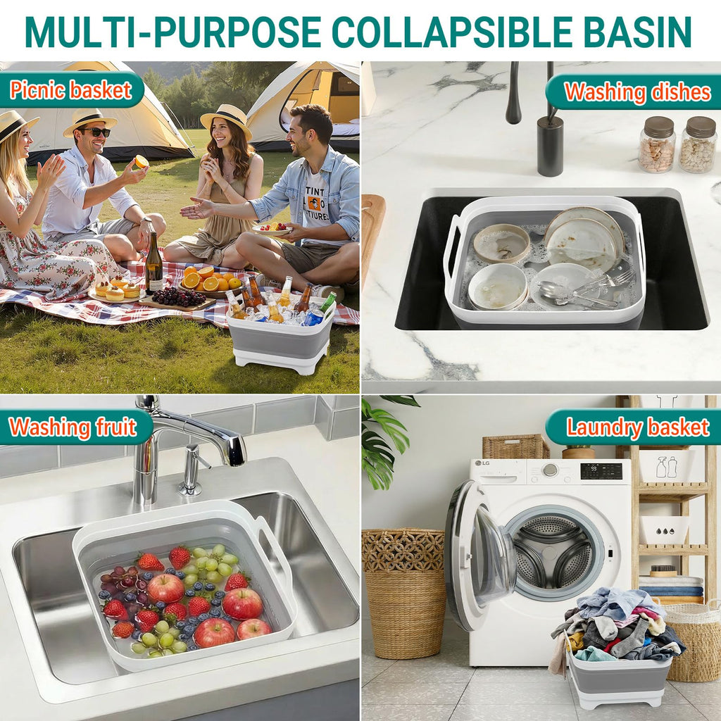 Collapsible Baby Bottle Wash Basin w/Drying Rack & Drain Plug, Gray