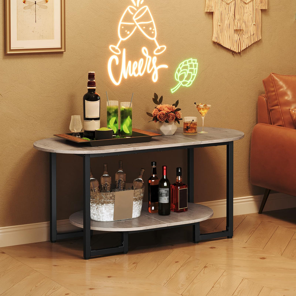 Coffee Table, Oval Small Coffee Table with 2-Tier Open Storage Shelf, Industrial Cocktail Tea Table, Wooden Desktop