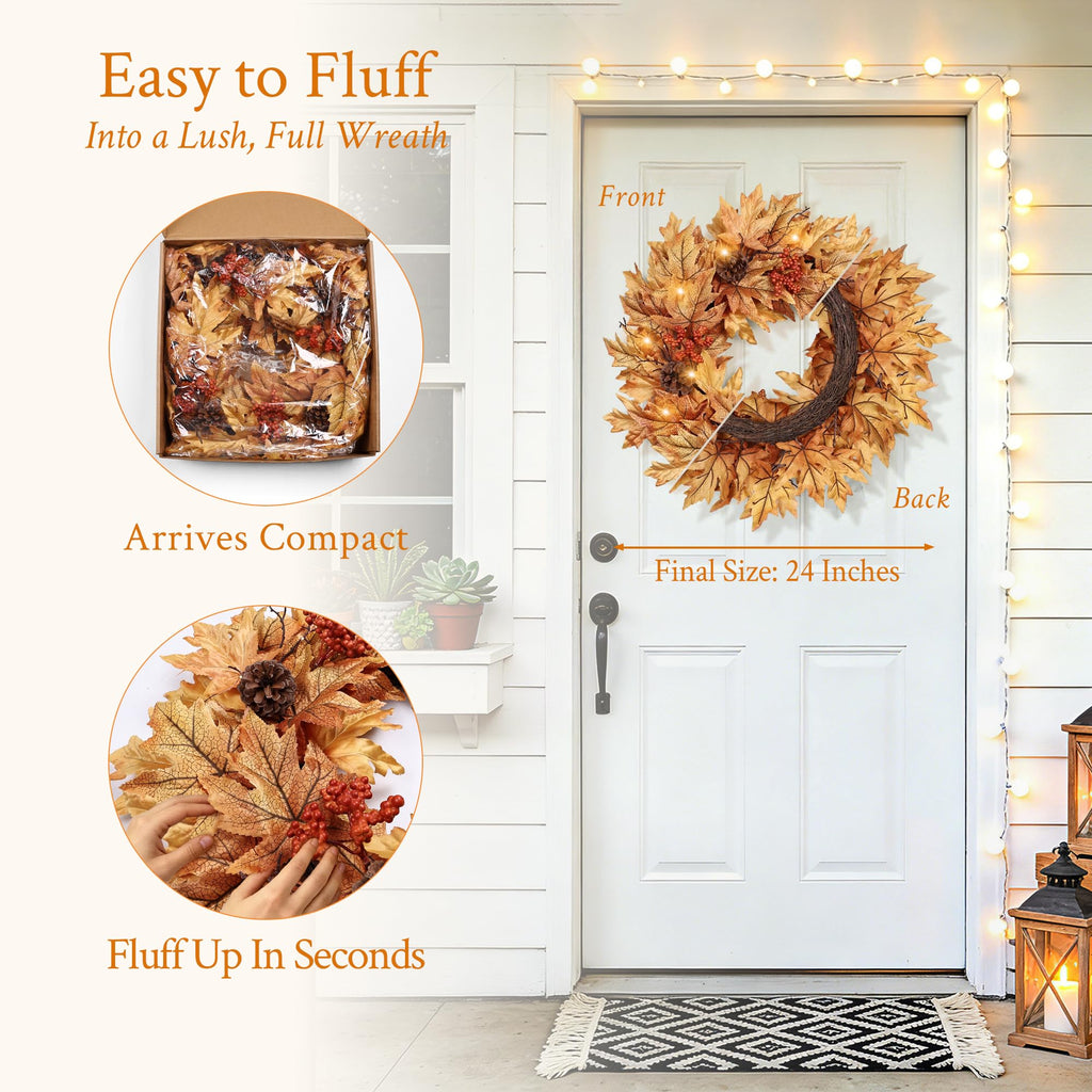 24in Pre-lit Fall Wreaths for Front Door with 20 Lights & Timer