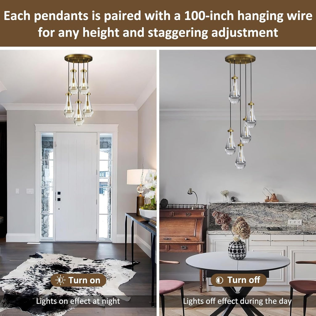 5-Light Raindrop Pendant Light Fixtures, Brass Glass Pendant Lighting, Teardrops Modern Hanging Light for Entryway Foyer Kitchen Island Dining Living Room Hallway A121-B0DJ2DCQFW