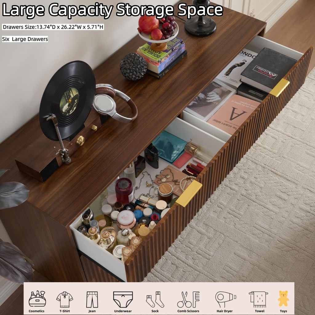 Dark Walnut Fluted 6 Drawers Dresser with Gold Handle