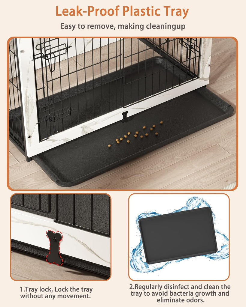 Wooden Dog Crate Furniture with Cushion, Large Dog Crate End Table with Tray, Double Doors Kennels Indoor (43.1"