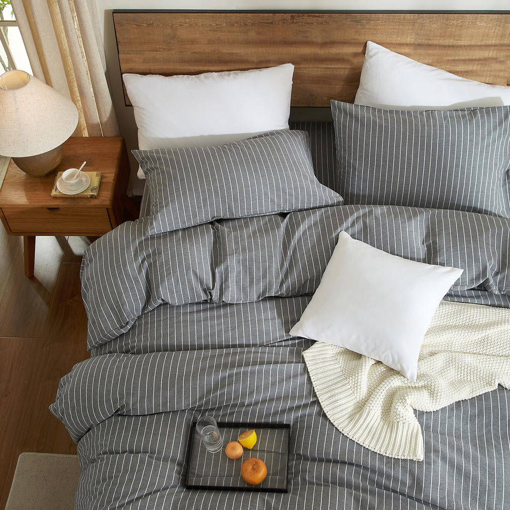 Grey Striped Duvet Cover Set Cotton Linen‐Like 3pcs 90"x90"