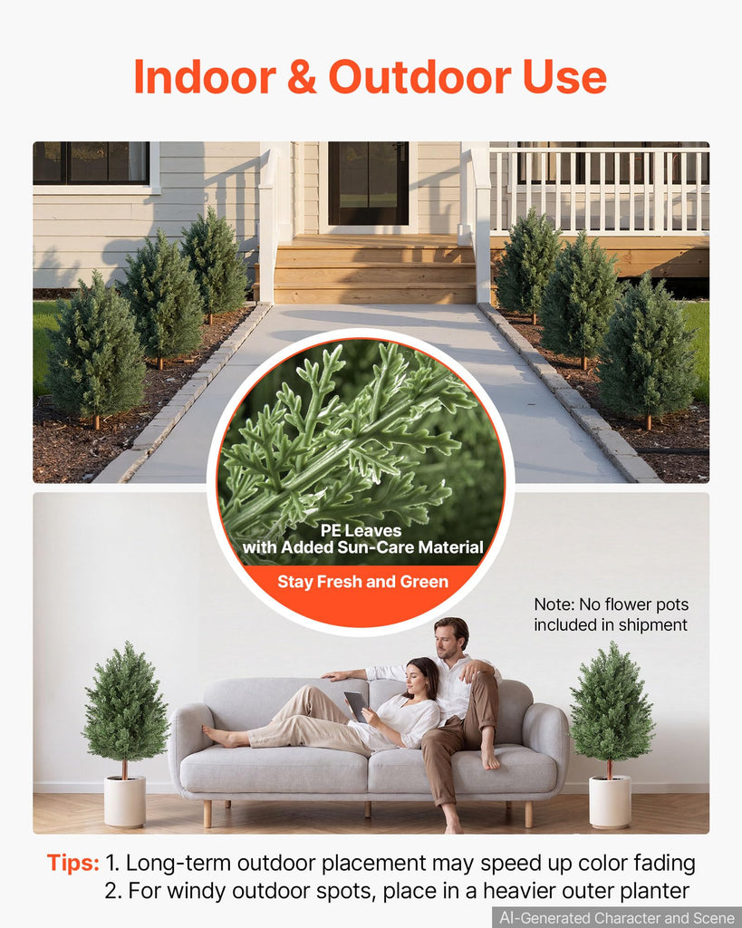 Artificial Topiary Cedar Bush 3 Ft Set of 2 Greenery Fake Shrubs, PE Faux Trees with Ground Spikes, Indoor & Outdoor