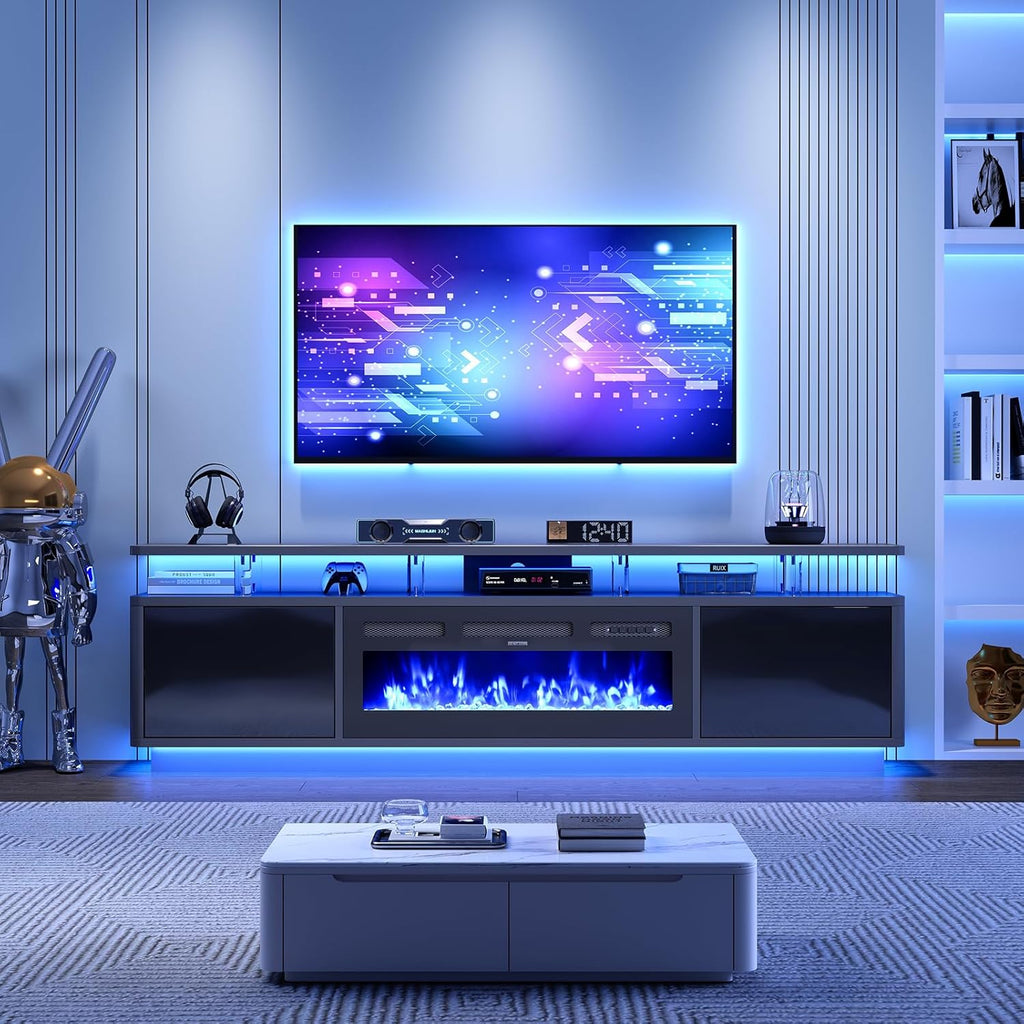 80" Fireplace TV Stand for Living Room, 36" Electric Fireplace with Adjustable Flames & Double LED Lights, Remote