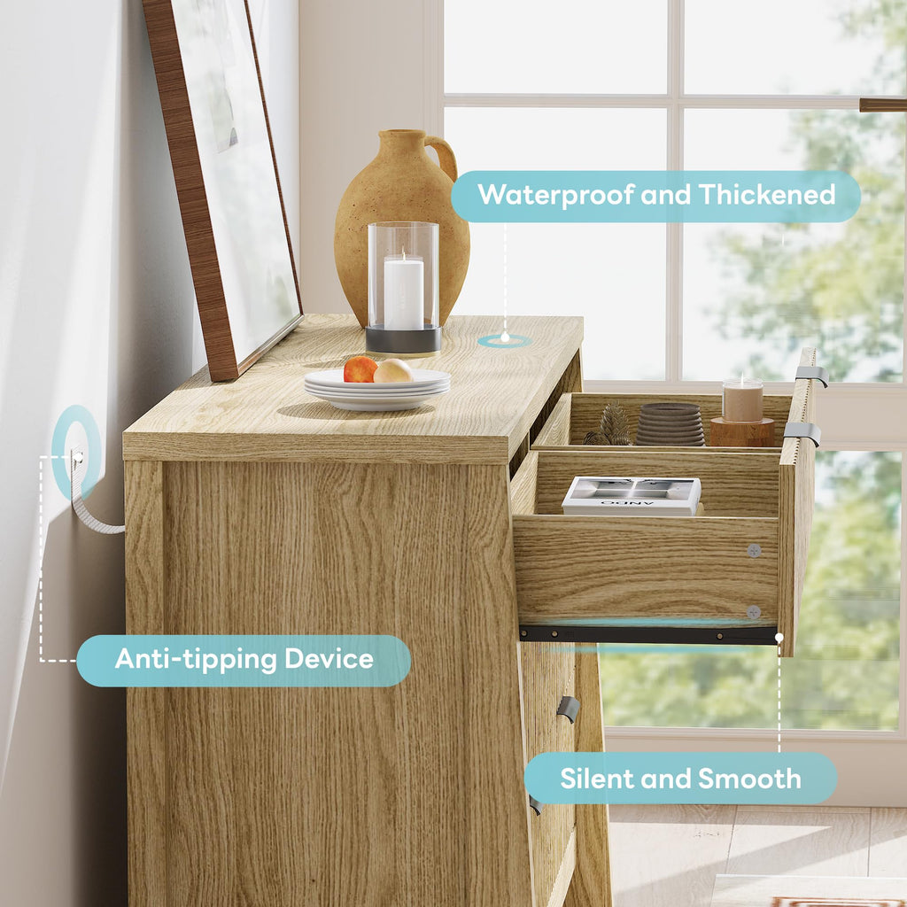 Fluted 6 Drawers Dresser, Natural Oak