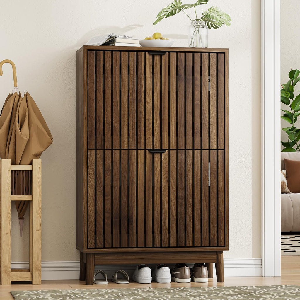 Shoe Cabinet, Shoe Storage Cabinet with 2 Slatted Flip Drawers, Narrow Shoe Organizers, Foyer, Hallway