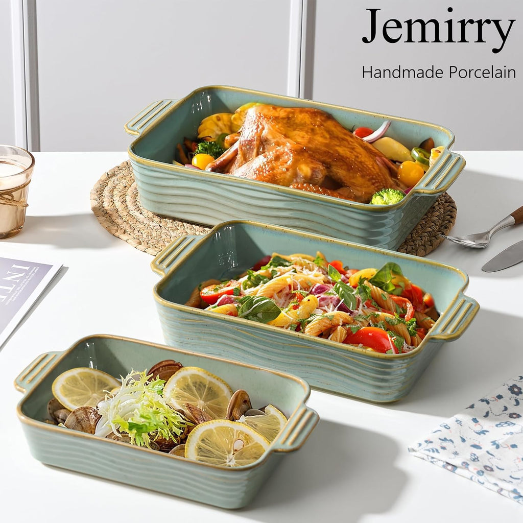 Ceramic Dish Set of 3, Casserole Dishes for Oven, Square Porcelain Bakeware Set with Handles, Lasagna Pan for