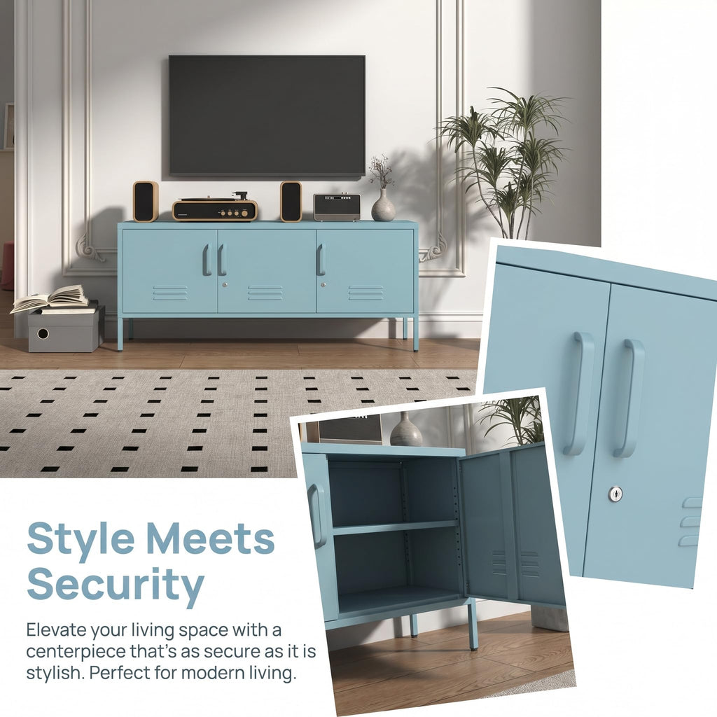 Blue 3-Door Lockable Metal TV Stand Storage Cabinet with Storage Locker, Wide Heavy-Duty Multipurpose Media Console