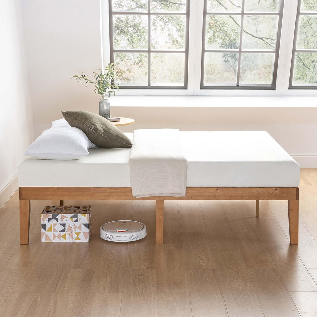 Naturalista Classic 16 Inch Solid Wood Platform Bed with Wooden Slats, Natural Pine, Queen