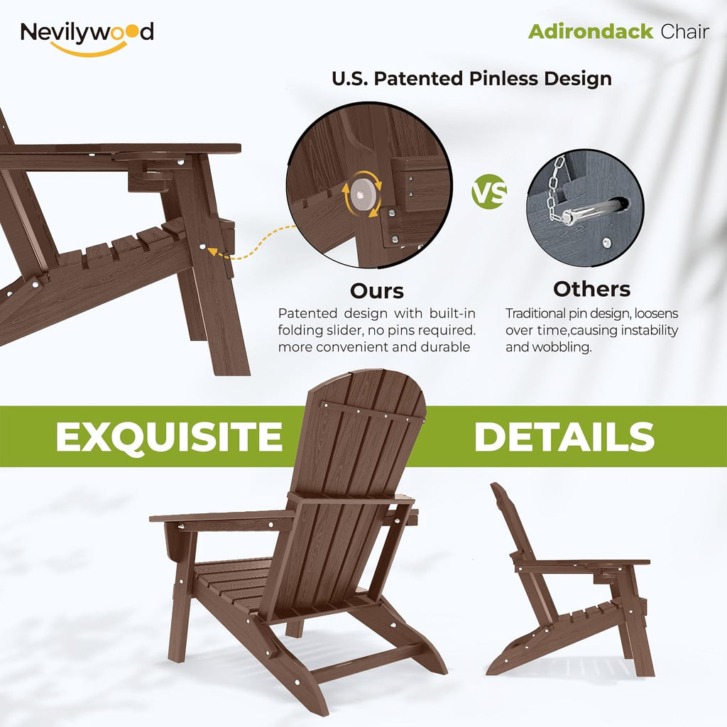Folding Adirondack Chairs Set of 2, HDPE Cup Holders, Coffee | Patent pinless folding design, 380lbs, Extended