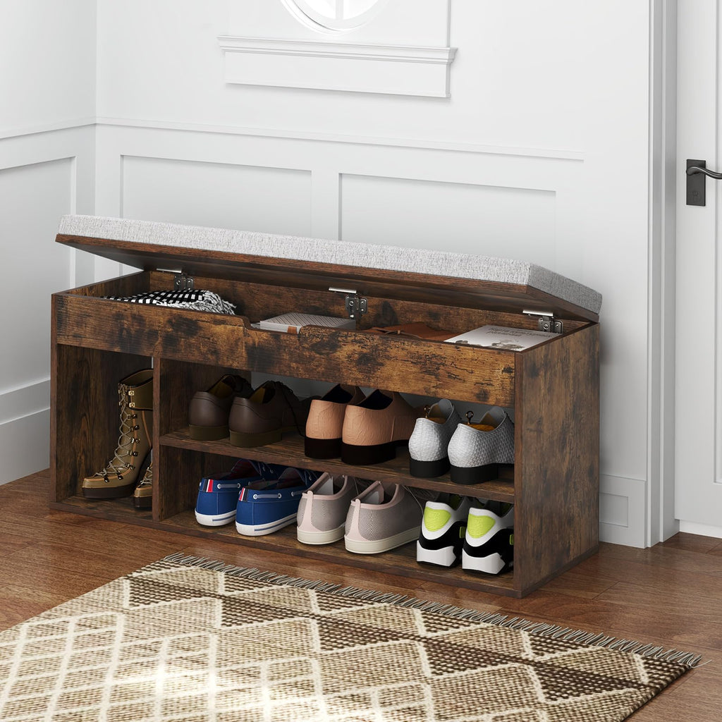 41 Inches Shoe Storage Bench, 3 Tier Shoe Rack Organizer w/Flip-Top & Padded Seat Cushion, Shoes Rack w/Hidden
