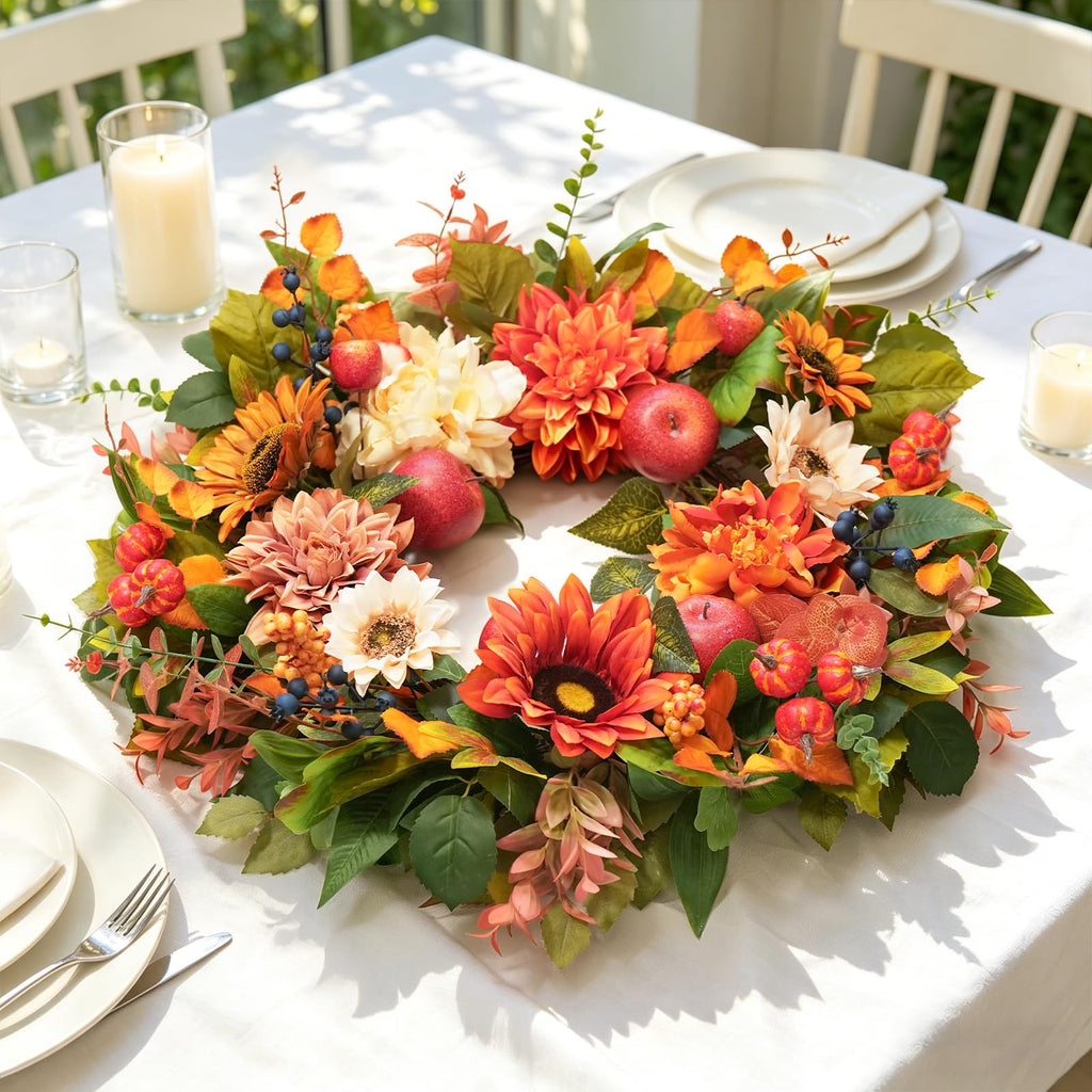 24 Inch Fall Wreaths for Front Door, Apple Wreath Artificial Autumn Wreath