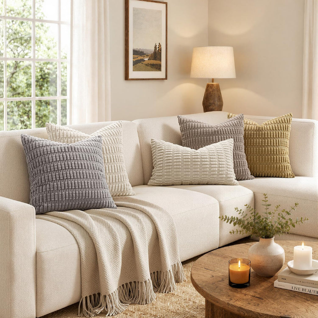 Corduroy Decorative Throw Pillow Covers 20x20 Cream White Pack of 2