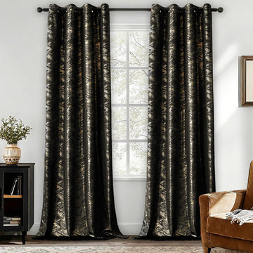 Black and Gold Velvet Curtains Foil Print 84 Inch