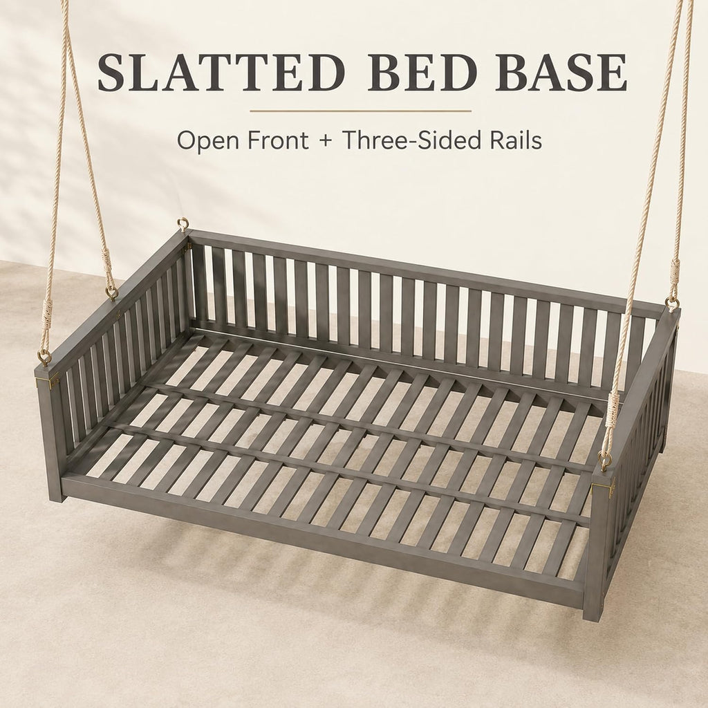 Outdoor Porch Swing Bed, Twin Size Acacia Wood Daybed (Gray) | Acacia Wood Frame, Hemp Ropes, Fits Twin Mattress