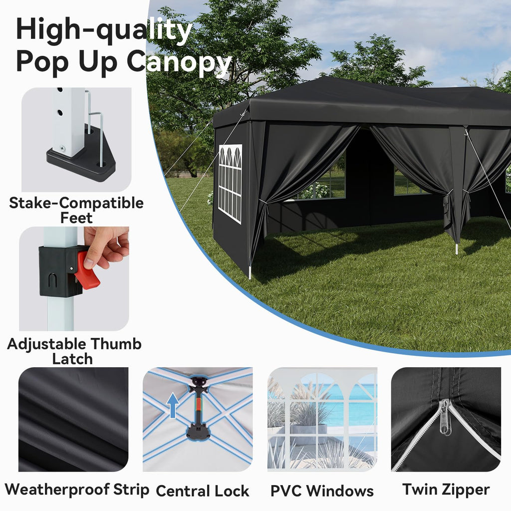10x20 Pop Up Canopy Tent with Sidewalls, One-Push Instant Setup Waterproof Outdoor Canopy, 3 Adjustable Height