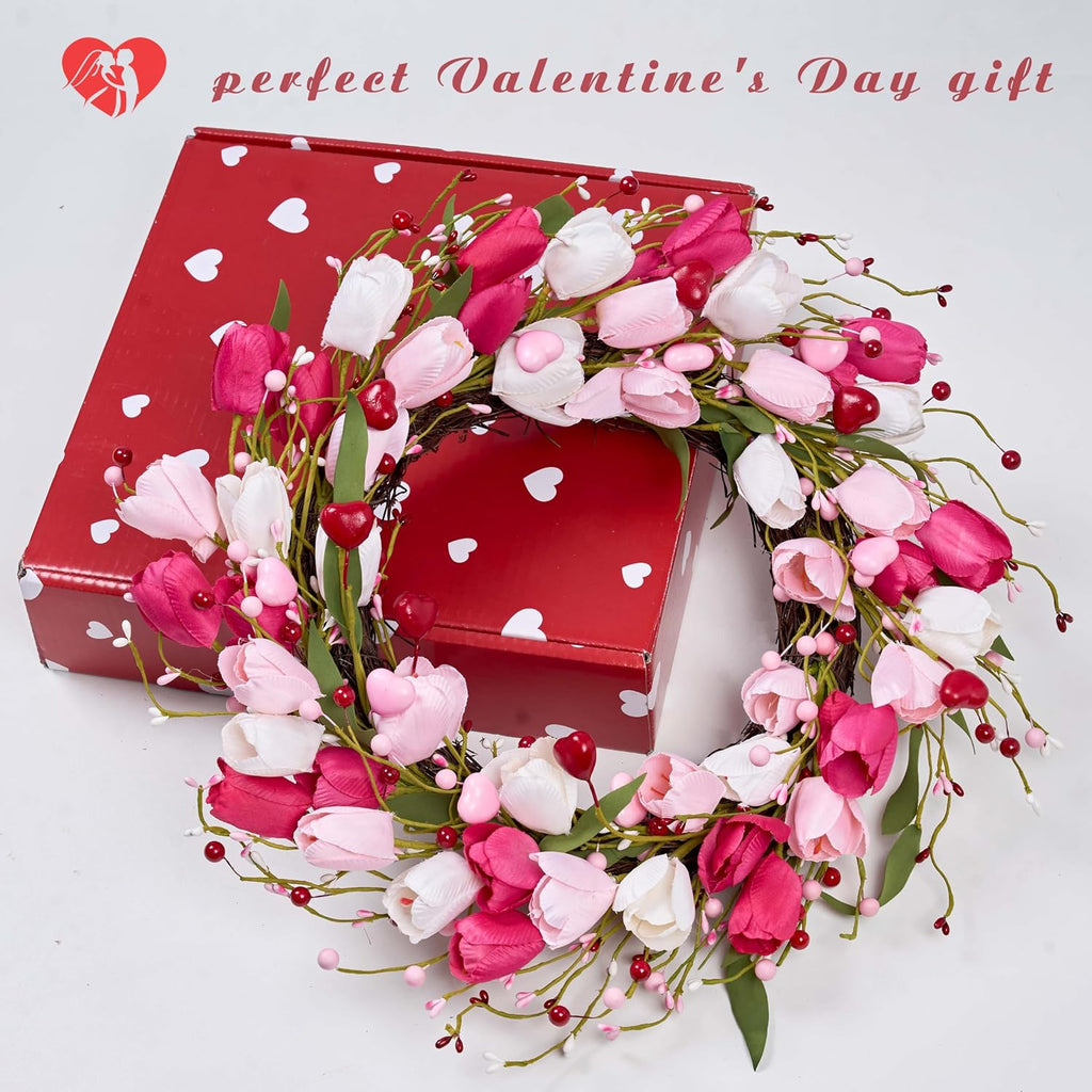 Valentines Day Decorations 20 Inch Valentine's Day Wreath Pink Valentine Wreaths for Front Door with Red Love Heart