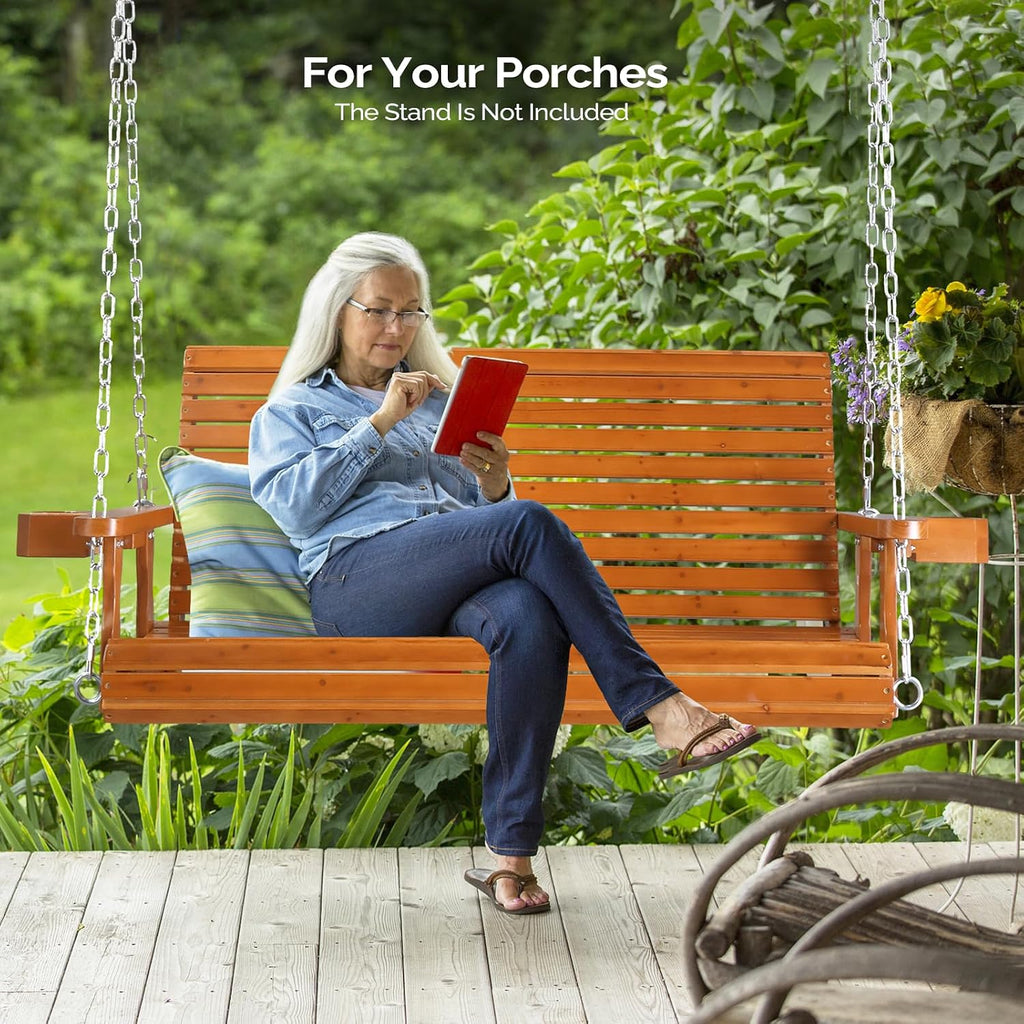 XL 4 FT Pro Wooden Porch Swing with Cup Holders, 880 LBS, Brown | Heavy-Duty Wood Frame; 880-Lb Capacity; Cup Holders