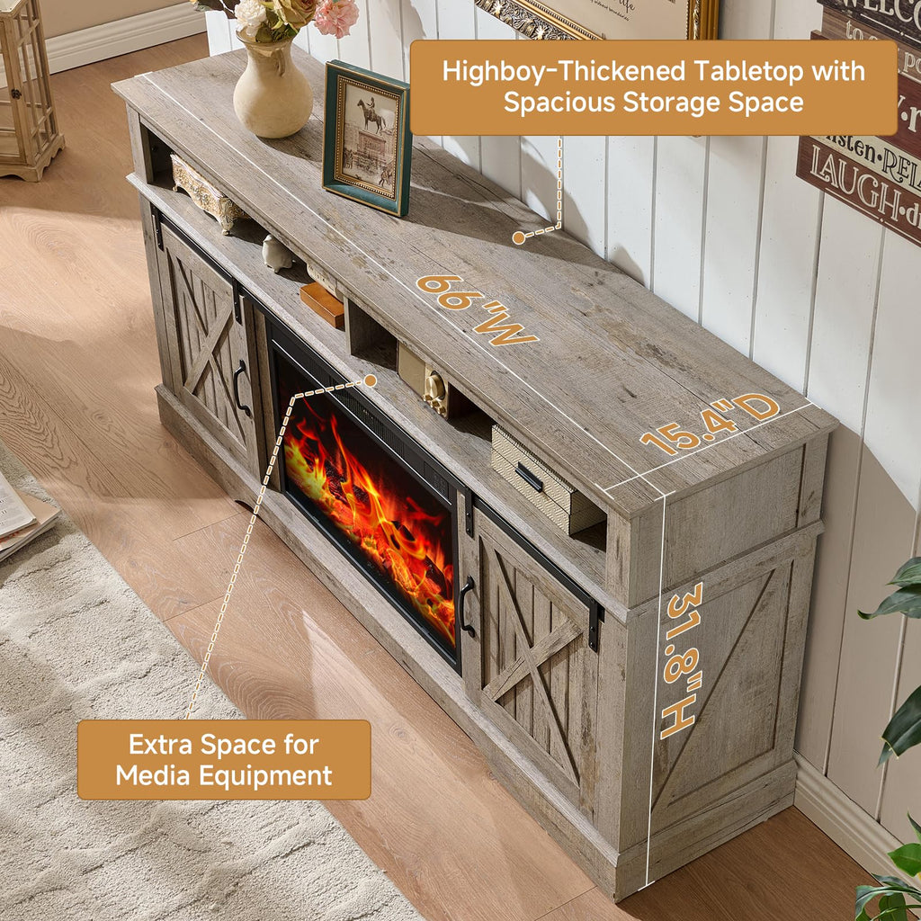 66 Inch Electric Fireplace TV Stand, Grey Farmhouse Media Console with Sliding Barn Doors, Entertainment Center with