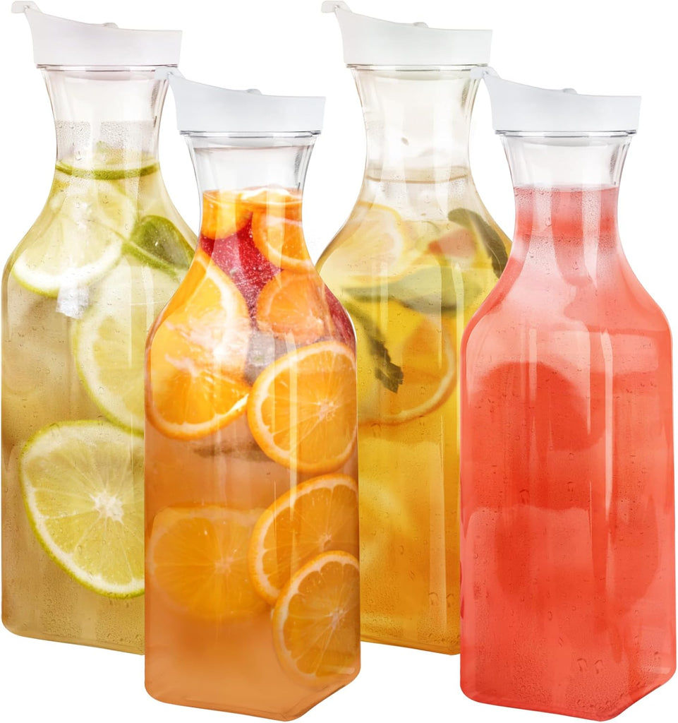 [50 oz - 4 Pack] Plastic Carafe with Lid, Large Capacity Square Base - Clear Pitcher with Flip Top Lid, Easy-Pour