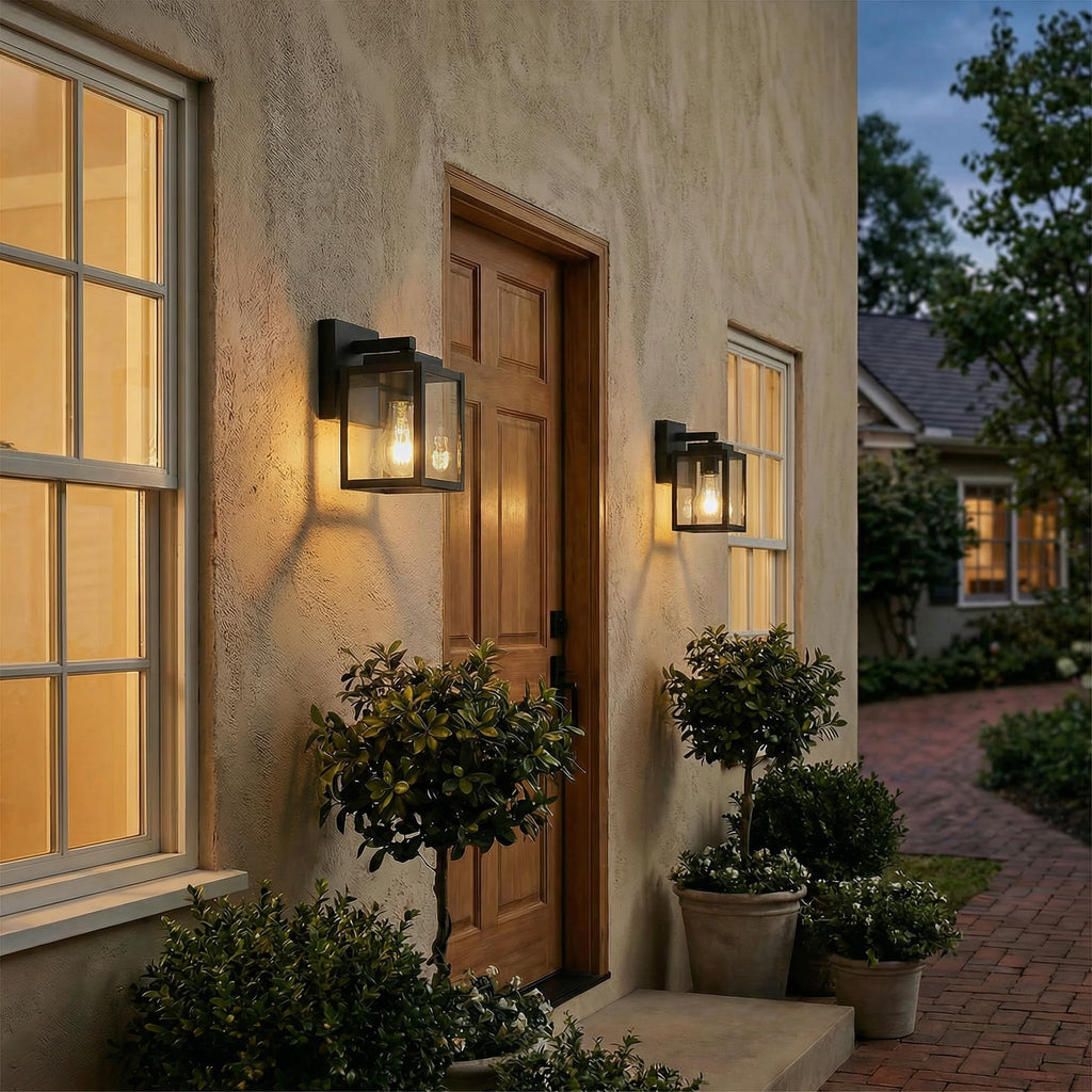 7" Classic Outdoor Wall Sconce 1 Light in Matte Black Rectangular Metal Frame and Clear Glass Shade Waterproof Porch