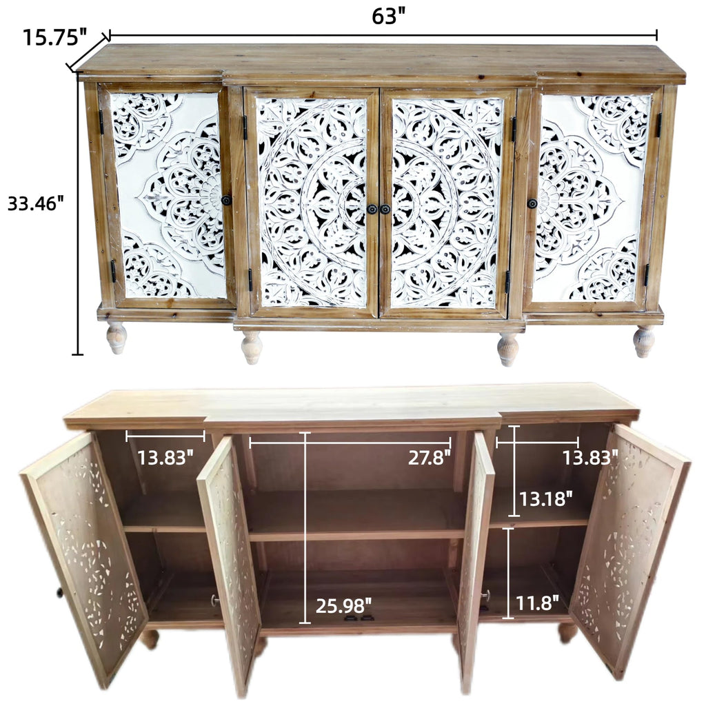 63" Solid Wood Sideboard Buffet Cabinet with Storage, Carved Credenza