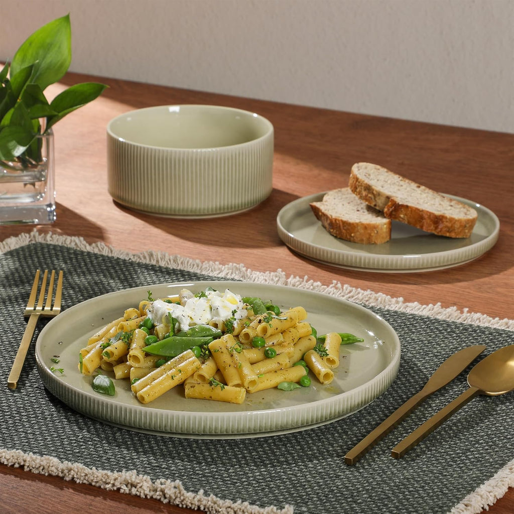 Solana Coast 12 Piece Stoneware Reactive Glaze (Service for 4) Ceramic Plates and Bowls Modern Shape Embossed