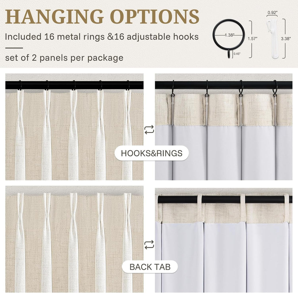 102 Inch Long Curtains Blackout Pinch Pleat Linen Drapes for Living/Bedroom 2 Panels,Two Layers Noise Reducing