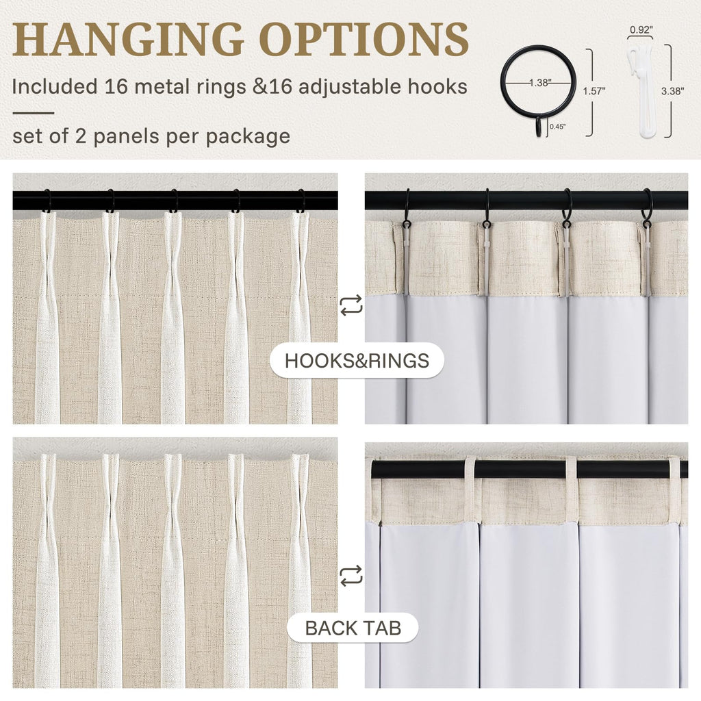 Pinch Pleated Linen Curtains Blackout 96 Inches Long 2 Panels Set for Living/Bedroom Darkening Viral Thermal Memory