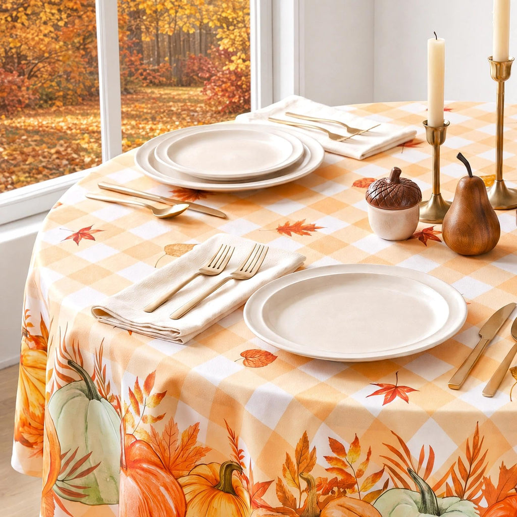 Fall Tablecloth Round, Orange Buffalo Plaid with Pumpkins