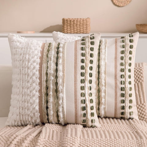 Boho Chenille Tufted Couch Throw Pillow Covers 18x18 Inch Set of 2 Farmhouse Striped Decorative Pillow Covers Accent