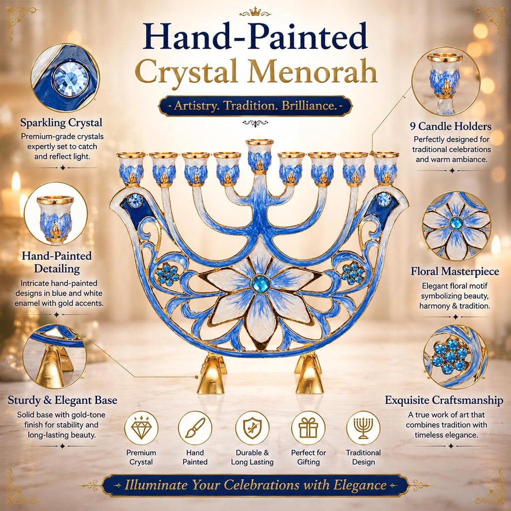 Hand Painted Blue and Ivory Flower Candelabra, Embellished