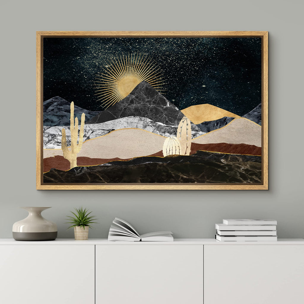 Framed Canvas Print Wall Art Set Golden Marble Mountain Sun Range Nature Wilderness Illustrations Modern Art