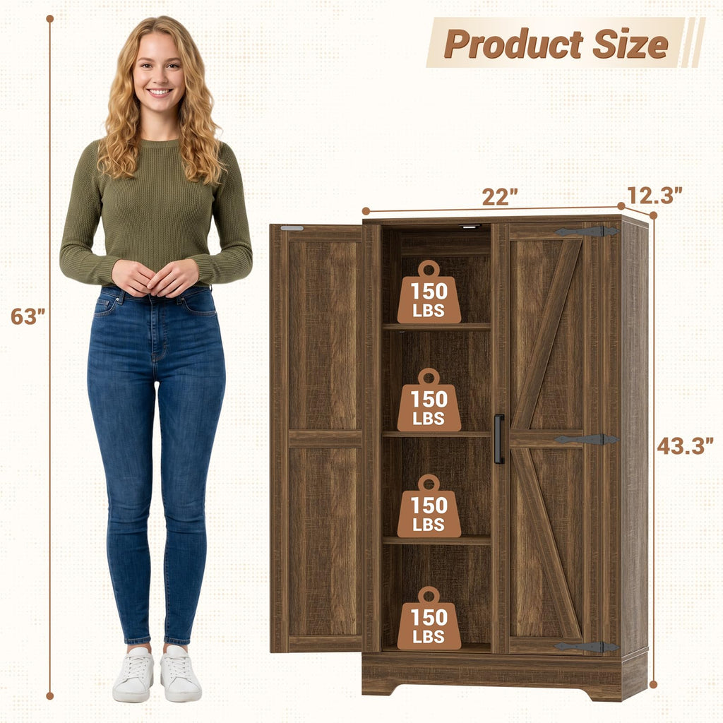 Kitchen Pantry Cabinet with Adjustable Shelves, Weathered Brown