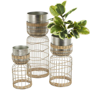 Metal Indoor Planter Textured Dome Large Planter Pot with Woven Rattan and Caged Rod Pedestal Base, Set of 3 Planters