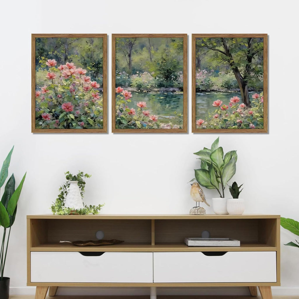 Framed Monet Wall Art Set of 3, Impressionist Botanical Floral Canvas Wall Decor, Vintage Cottagecore Artwork