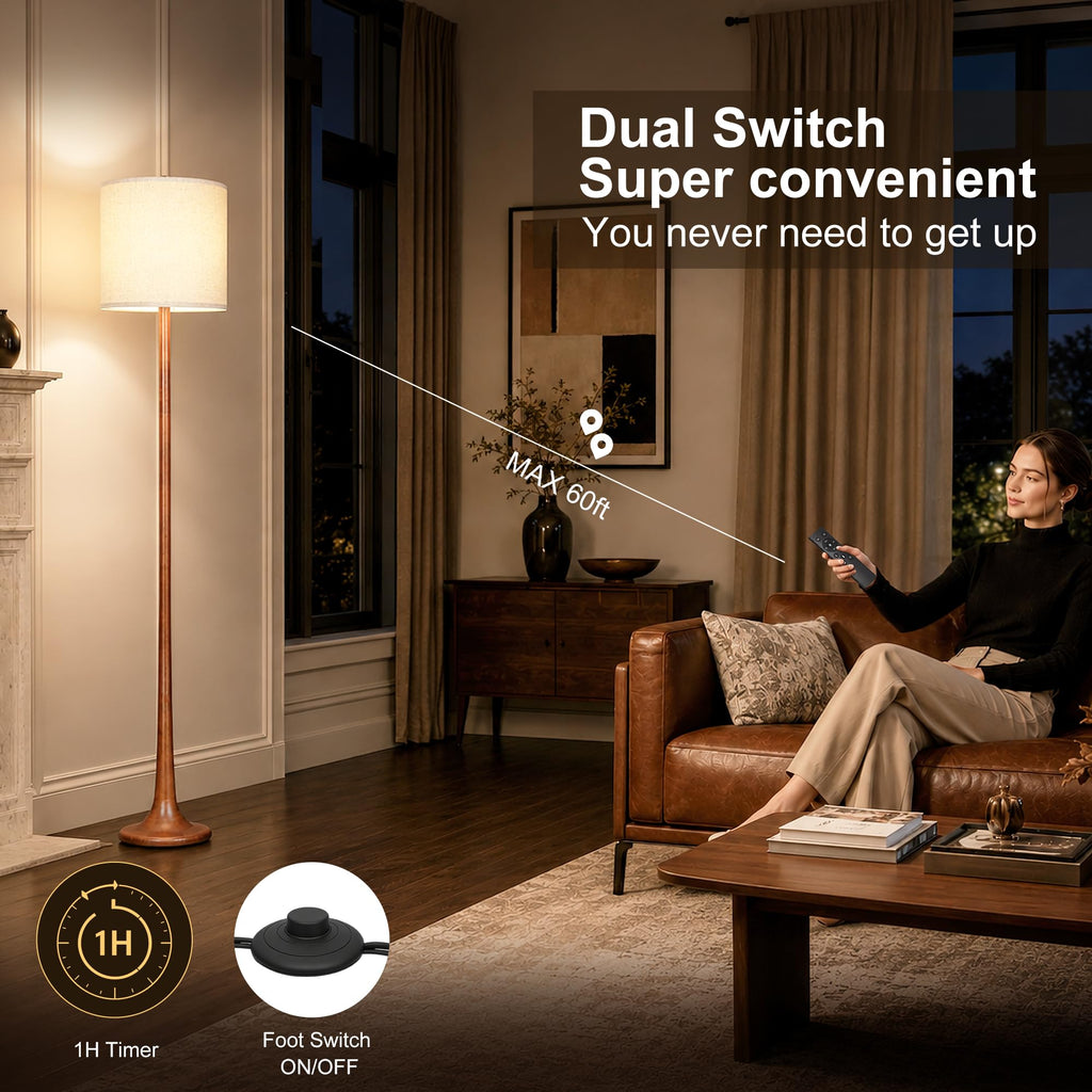 65" Tall Solid Wood Modern Floor Lamp w/Remote, Stepless Dimmable