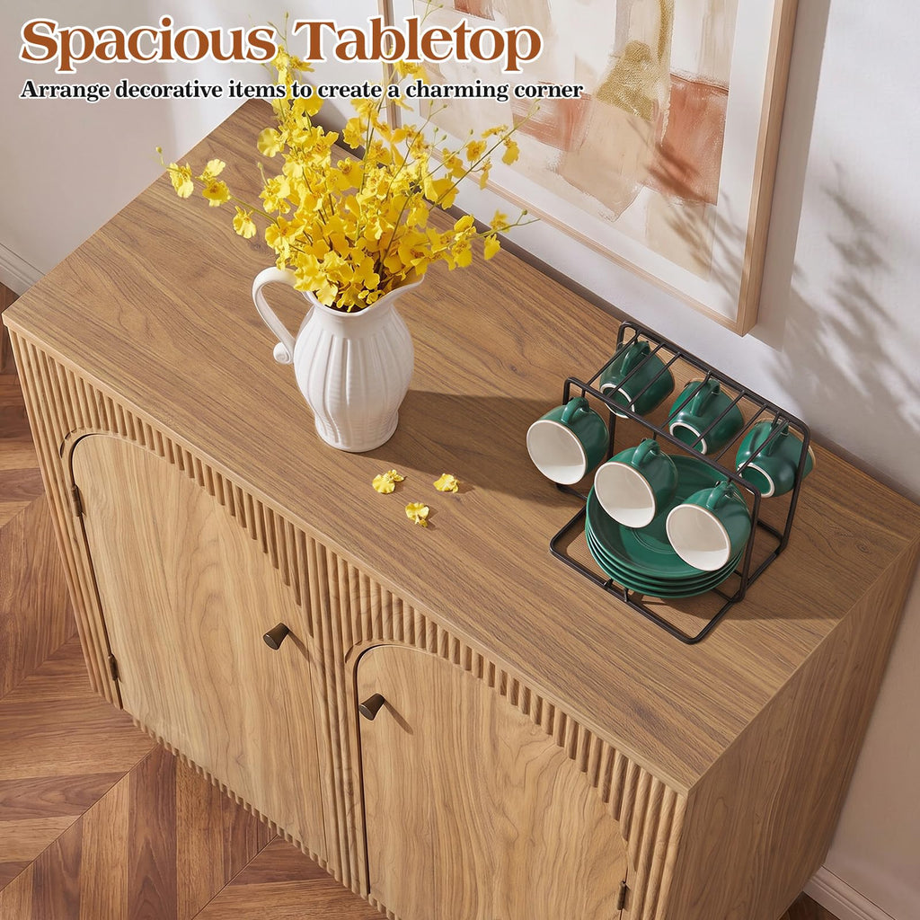32" Arched Door Sideboard Buffet Cabinet with Storage, Natural Oak