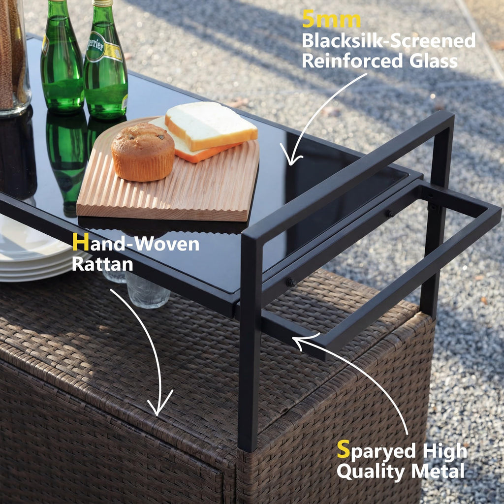 51.2" Wicker Outdoor Bar Cart - Brown Patio Console Storage Table Buffet Cabinet Serving Kitchen Cart with Wheels for