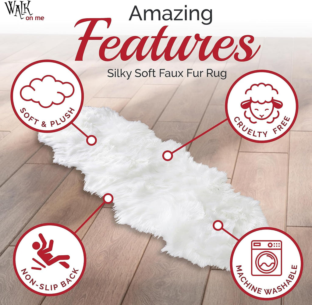 White Double Pelt Faux Fur Sheepskin Rug: Ultra Soft, Super Thick, Fluffy, Living Room, Bedroom, Office